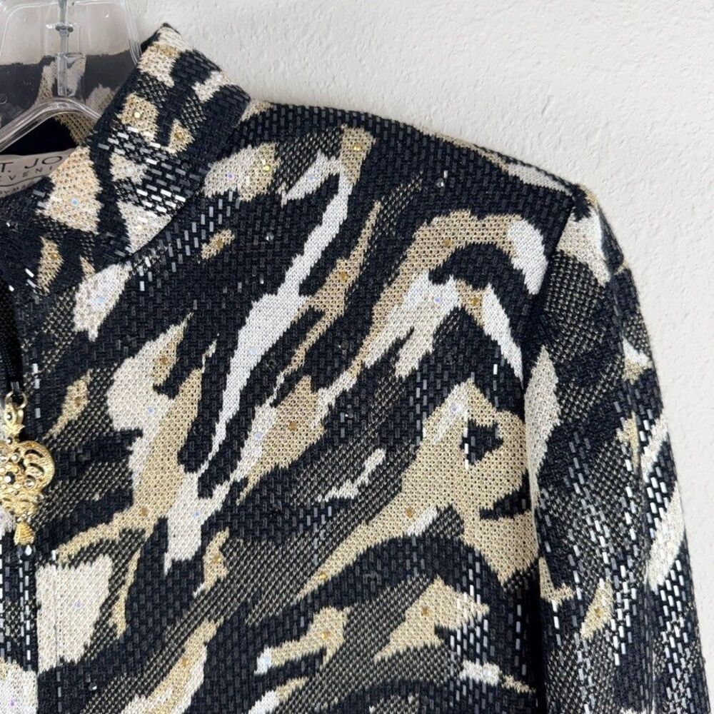 St John Evening Womens 12 Sequin Tiger Face Knit Jacket Blazer Full Zip Back - Picture 9 of 14